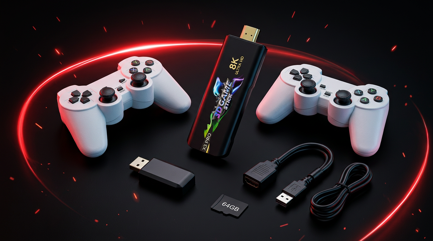Kit do Game Stick X3 Pro com dois controles sem fio, receptor, cartão de memória e cabos